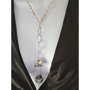 BOTTLE ON CHAIN NECKLACE Silvertone Ornate Glass Tube Wings on Cable Chain
